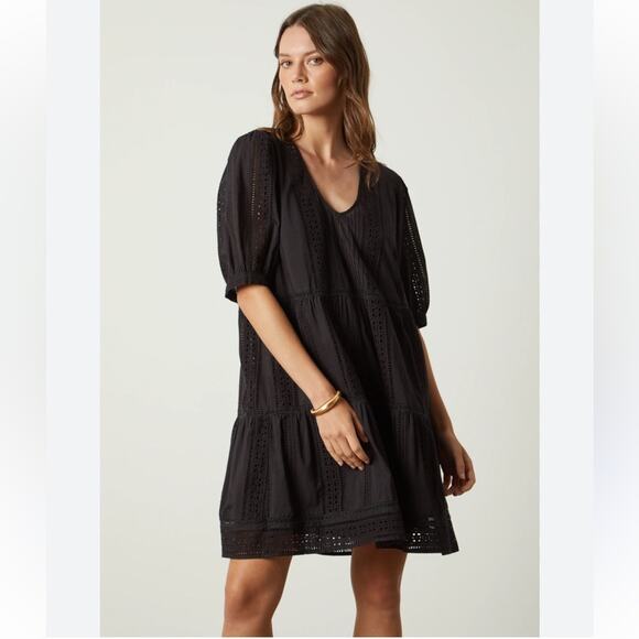 Velvet Margaret V-Neck Broderie Anglaise Mini Dress Black Size Medium - Picture 1 of 10